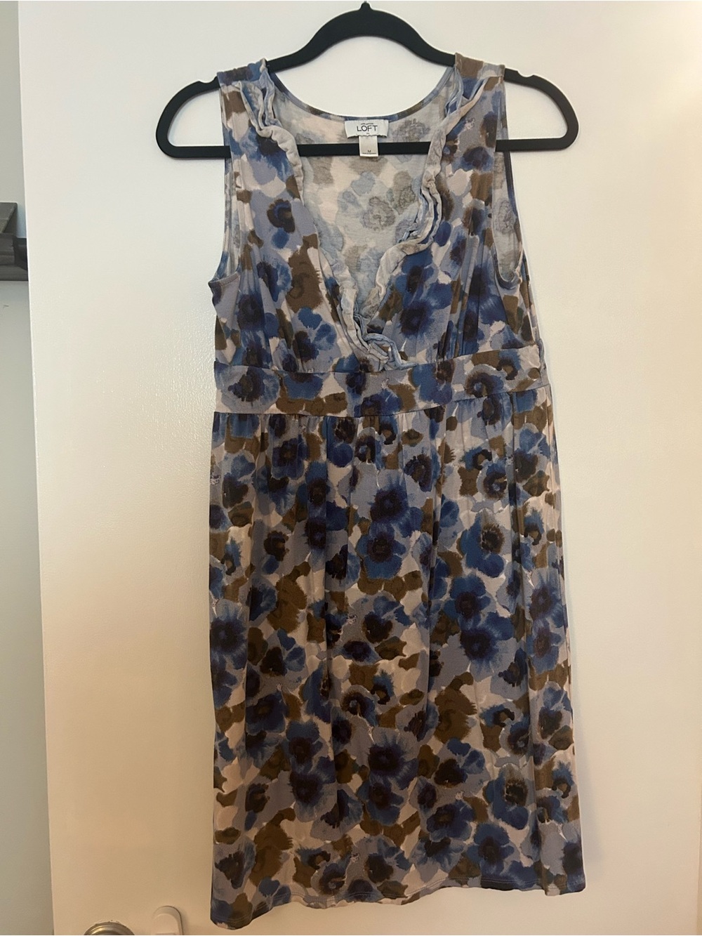 LOFT Blue and Brown Floral Ruffle V-Neck Dress